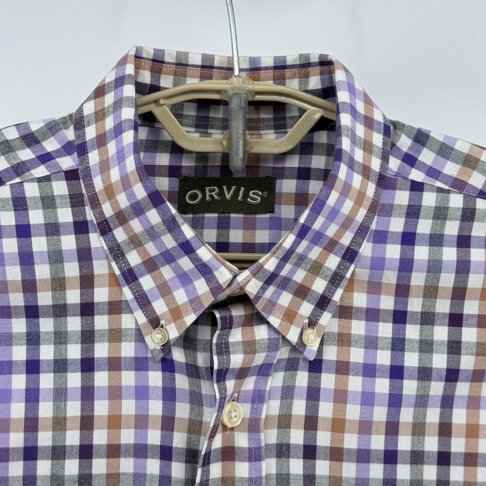 Orvis Country Twill Plaid Button Down Shirt Mens Large Purple Tan Made Portugal - Picture 10 of 16